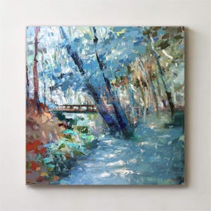pleasant bay,landscape, forest, blue abstract,Abstract art,Ready to hang,original abstract painting,modern art