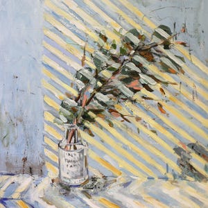 flower painting,at the window,abstract wall art,blue yellow,Original Fine Art,one of a kind ,Modern Artwork,