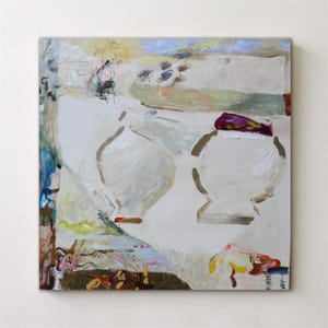 May include: Abstract painting with two white ceramic vases with a purple lid on one vase. The background is a light beige with hints of blue, green, and yellow.