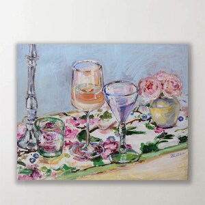 flower painting,Still life,abstract wall art,blue yellow pink,Original Fine Art,one of a kind ,dining room decor,bar decor,