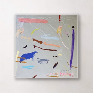 May include: Abstract painting on a canvas with a light gray background. The painting features various colors and shapes, including pink, blue, yellow, brown, and purple. The text "color therapy" is written in the bottom right corner of the painting.