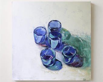 Cobalt Blue Glass Acrylic Painting, Beverage Still Life, Ready to Hang