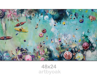 beach painting, seaside abstract,Summer Vibe,vacation painting,swimming, swim abstract art,48x24''abstract canvas art,abstract painting