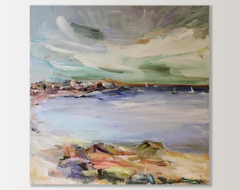 May include: A painting of a seascape with a town in the distance. The sky is a mix of gray, white, and green, with clouds swirling across the canvas. The water is a light blue, and the beach is a sandy brown.