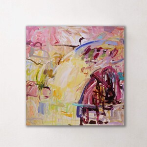 Extra Große abstrakte Malerei, zeitgenössische Kunst, mehrfarbige, große bunte Malerei, Acrylmalerei, rosa und gelb