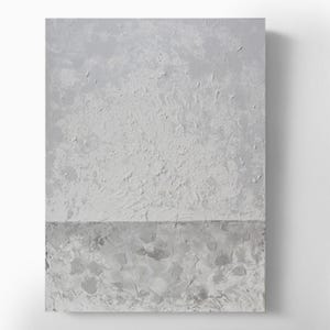 May include: Abstract textured painting with a two-tone design. The top portion is a light gray with a heavily textured surface, while the bottom section is a darker gray with a rough, uneven texture. The artwork is mounted on a white background.