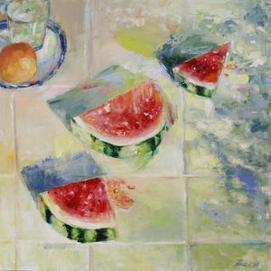 May include: An oil painting depicting three slices of bright red watermelon with green rinds arranged on a light-coloured tiled surface. A small glass containing a round orange fruit sits on a plate in the upper left corner of the composition.