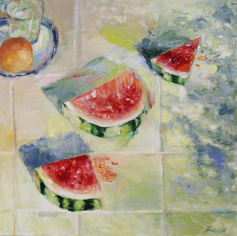 May include: An oil painting depicting three slices of bright red watermelon with green rinds arranged on a light-coloured tiled surface. A small glass containing a round orange fruit sits on a plate in the upper left corner of the composition.