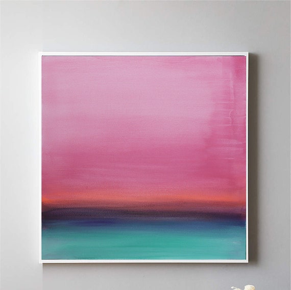モダン抽象風景画、ターコイズティールピンク、24x24キャンバス - Etsy