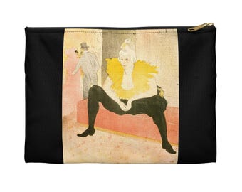 May include: Black zippered pouch featuring a vintage print of a seated figure with a yellow collar. The artwork depicts a person in black pants and a yellow collar, seated on a red surface. The background shows figures in a room.