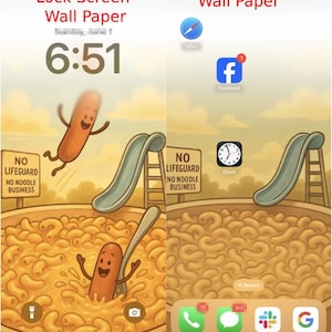 Puede incluir: Una pantalla de teléfono muestra un fondo de pantalla caprichoso. La pantalla de bloqueo muestra un personaje de perrito caliente saltando a un plato de macarrones con queso, con un tobogán y un letrero que dice "NO LIFEGUARD NO NOODLE BUSINESS". La pantalla de inicio presenta iconos de aplicaciones.