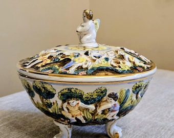 Vintage Italian R. Capodimonte Hand Painted Cherub Footed Covered Bowl Trinket Dish with Lid Gold Gilt Putti Porcelain Italy
