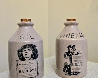 Unique Vintage Advertising Ceramic Stoneware Oil and Vinegar Cruets/Jugs.