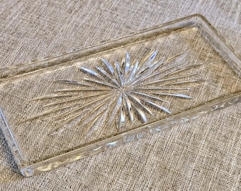 Vintage Clear Glass Rectangular Vanity Tray Starburst Design 8” Trinket Jewelry Dish
