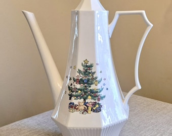 Vintage Nikko "Christmastime" Pattern Porcelain Coffee Pot with Lid. New In Box.