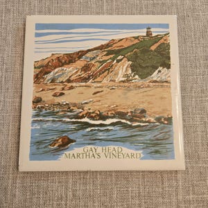 Vintage Screencraft Gay Head Martha's Vineyard Ceramic Tile Trivet | Cape Cod Hand Decorated Wall Hanging | Portuguese Cork Back Tile