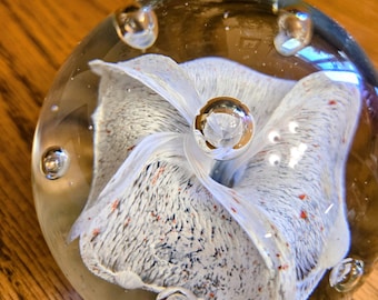 May include: A clear glass paperweight with a white and red floral design encased within. The paperweight has a spherical shape with small air bubbles around the edges. The flower has delicate, swirling petals.