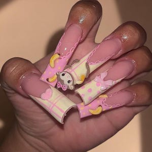 Kawaii Affe Drücken Sie auf die Nägel, 3D Banane Cute Nail Art | Pink Spaß Cartoon Nägel, Verspielte Pastell Press Ons | Entzückender Tiernagel Sommernagel