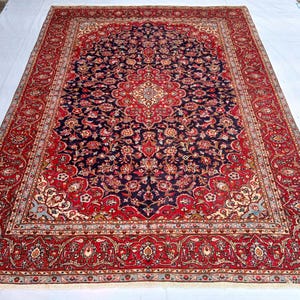 Handmade Vintage Kashan Wool Rug: 9&#39;6&quot; x 13&#39;2&quot; Oriental Decor