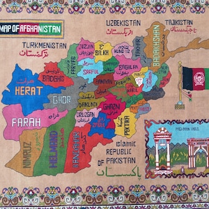 May include: A vibrant rug featuring a map of Afghanistan, with provinces in various colours. The map includes the national flag, neighbouring countries, and the text "Map of Afghanistan". The rug is framed by a decorative border.
