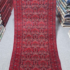 Vintage Afghan Runner Rug: Handknotted Wool Marchaq Gul Design