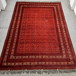 Handmade Waziri Afghan Rug: 6x9 Vintage Wool Bokhara Design