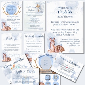 Paquete de baby shower con temática de bosque para niños: invitaciones, letreros, anuncio de bautismo y nacimiento editables e imprimibles / Tema de ciervo azul