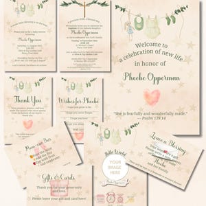 Paquete imprimible para baby shower rosa: invitación, cartel de bienvenida, bautizo, tarjetas de agradecimiento, letreros de mesa, deseos para el bebé y más.
