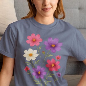 Floral Shirt, Cottagecore Tee, Botanical Top, Colorful Cosmos Flower Design, Garden Aesthetic T-Shirt, Nature Lover Gift Idea