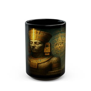 Aztec Art Mug, Ancient Black Coffee Cup, Unique Gift for History Buffs, Cultural Decor, Collector’s Mug, Cavoneer Ceramic Design