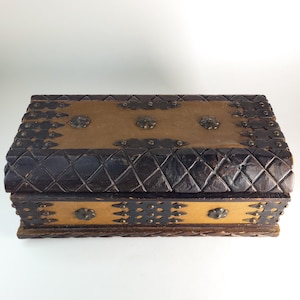 Hand Carved Wooden Box, Vintage Leather Folk Art Box with Hinged Lid, Rustic Spanish Revival Jewelry Box, Velvet Lined Chest