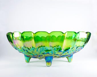 MCM Iridescent Green Glass Centrepiece Bowl, Vintage Indiana Glass Company