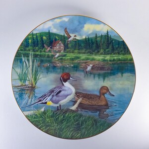 May include: Decorative round plate featuring a serene lakeside scene with ducks, a house, and lush greenery. The plate has a gold rim and a detailed painting of ducks in a natural habitat. The plate is a decorative item.