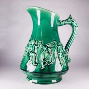 Antique Sarreguemines Majolica Tavern Scene Ewer, Green Pottery Jug ca. 1900