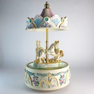 Vintage Musical Wind-Up Carousel, Working Collectible Music Box with Pastel Horses and Gold Accents