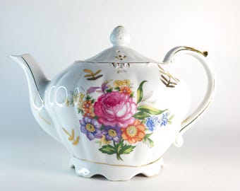 Vintage Porcelain Musical Teapot Plays “Tea for Two&quot;, Floral Collectible Teapot Made in Japan