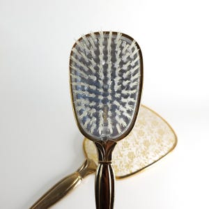 Antique Hand Mirror and Brush set, Gold Plated Hand Mirror, Vanity Set, Nylon Bristles and Removable Brush Head, Made in USA