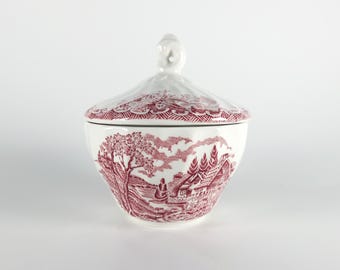 Vintage Churchill "The Brook" Bowl with Lid, Red Transferware Ironstone Made in England