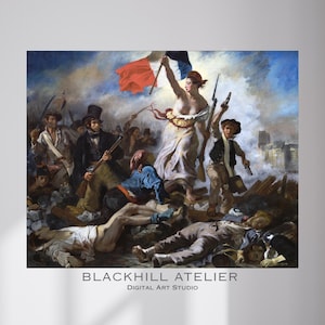May include: A print of a historical painting showing a battle scene with figures holding weapons and a woman holding a French flag. The artwork features a dramatic sky and the text "BLACKHILL ATELIER DIGITAL ART STUDIO".