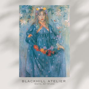May include: A digital art print of a woman in a blue dress with white polka dots, holding a bouquet of colorful flowers. She wears a floral crown. The background features floral patterns. The text "BLACKHILL ATELIER DIGITAL ART STUDIO" is at the bottom.