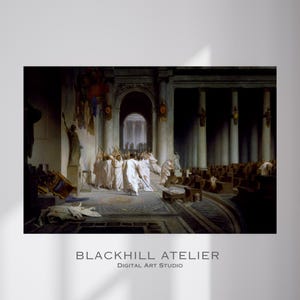 May include: A framed print of a historical painting depicting a dramatic scene in a Roman-style hall. Figures in white robes are gathered, some holding objects, with architectural columns and seating visible. The text "BLACKHILL ATELIER DIGITAL ART STUDIO" is at the bottom.