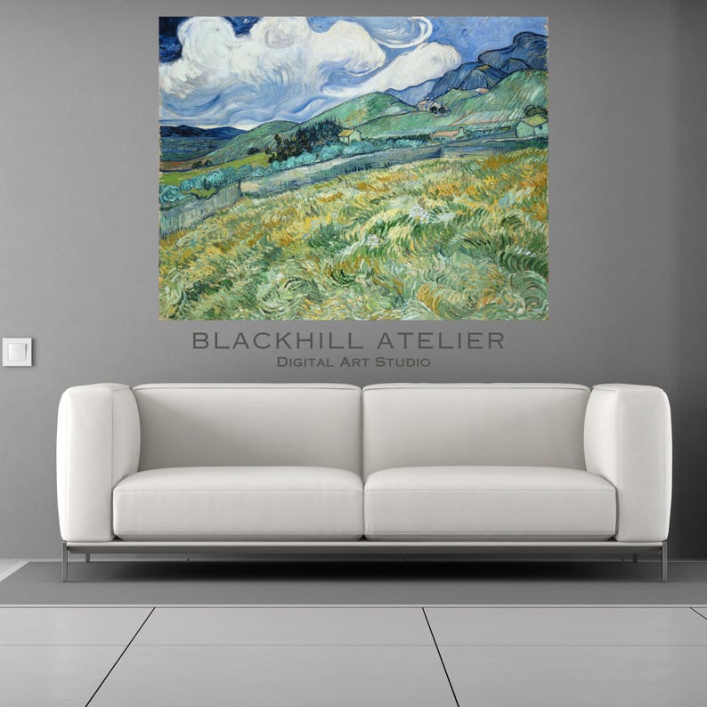 May include: A framed landscape painting featuring a vibrant field of green and yellow grass under a cloudy blue sky. Rolling hills and mountains are visible in the background. The text "BLACKHILL ATELIER DIGITAL ART STUDIO" is printed below the painting.
