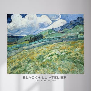 May include: A digital art print of a landscape painting featuring rolling green hills, a field of yellow grass, and a cloudy blue sky. The artwork is signed "BLACKHILL ATELIER DIGITAL ART STUDIO".