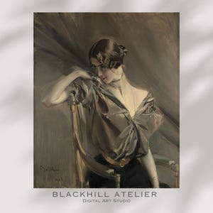 Pode incluir: Um retrato em estilo antigo de uma mulher em um vestido marrom, sentada em uma cadeira dourada. A mulher está usando um colar e um anel. A obra de arte é assinada "Bellini 1901" e inclui o texto "BLACKHILL ATELIER DIGITAL ART STUDIO".