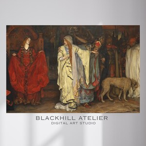 May include: A digital art print of a historical scene featuring figures in medieval attire. A woman in a red gown stands near a woman in a cream-colored dress. A dog stands near a group of people. The text "BLACKHILL ATELIER DIGITAL ART STUDIO" is at the bottom.