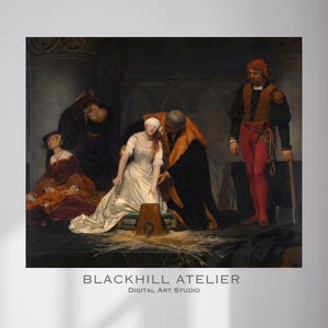 Puede incluir: Una impresión de arte digital de una escena histórica. Una mujer con un vestido blanco está vendada, rodeada de figuras con vestimenta de época. La escena está ambientada en una habitación con poca luz y detalles arquitectónicos. Incluye el texto "BLACKHILL ATELIER" y "DIGITAL ART STUDIO".