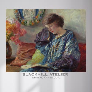 May include: A digital art print of a woman reading, with a blue patterned robe and a book in her hands. The artwork features a vase of flowers and a decorative wall hanging. The text "BLACKHILL ATELIER DIGITAL ART STUDIO" is at the bottom.