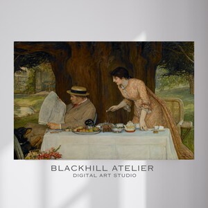 May include: A vintage-style digital art print depicting a tea party scene. A man in a straw hat reads a newspaper at a table set with tea and fruit. A woman in a long dress serves tea. A dog sits near the table. The print includes the text "BLACKHILL ATELIER DIGITAL ART STUDIO."