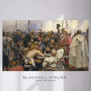 Könnte beinhalten: Ein detailliertes Gemälde, das eine Versammlung von Männern in historischer Kleidung zeigt. Die Szene zeigt eine Gruppe von Figuren um einen Tisch, während andere stehen und beobachten. Das Kunstwerk weist eine gedämpfte Farbpalette auf und fängt einen Moment der Interaktion ein.