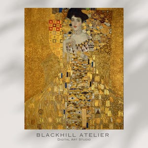 May include: A print of a Gustav Klimt painting depicting a woman in a gold dress with geometric patterns and intricate details. The artwork has a golden background and the text "BLACKHILL ATELIER DIGITAL ART STUDIO" at the bottom.